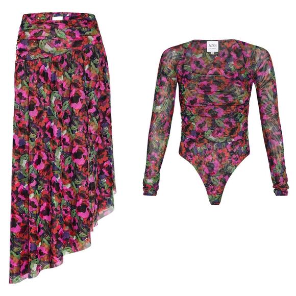 MISA Hayworth 2-Piece Set Bodysuit & Dania Skirt Multicolor Jeweltone Flora Mesh - Picture 11 of 14